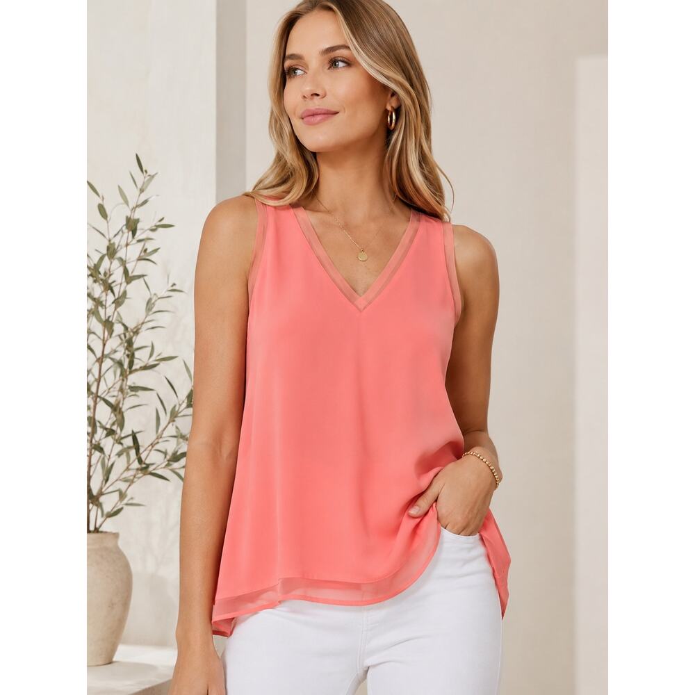 HALOGEN Coral Pink Sheer Mesh Trim Tank Top NWT High Low Hem Sleeveless Blouse M